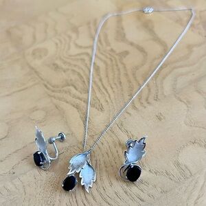 Vintage Van Dell Sterling Silver Onyx Leaves Necklace & Earrings